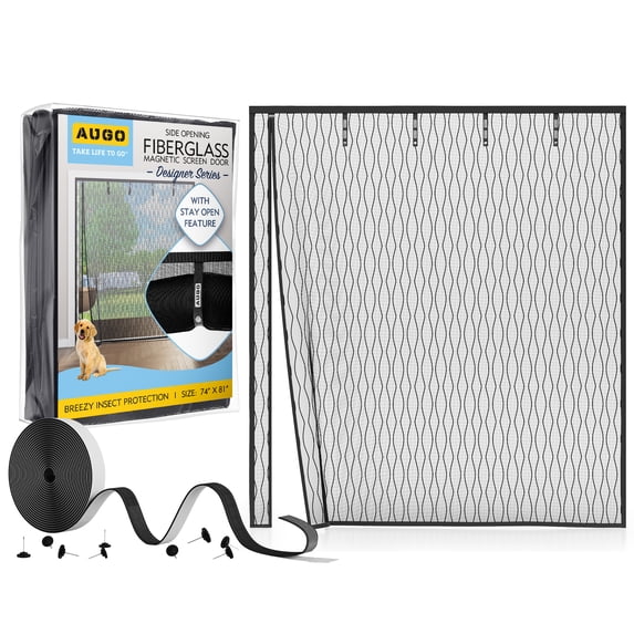 AUGO Fiberglass Magnetic Screen Door Reversible Left Right Side Opening - Self Sealing, Heavy Duty, Hands Free, Keeps Bugs Out - Pet and Kid Friendly - Patent Pending Keep Open Feature – 74” x 81”