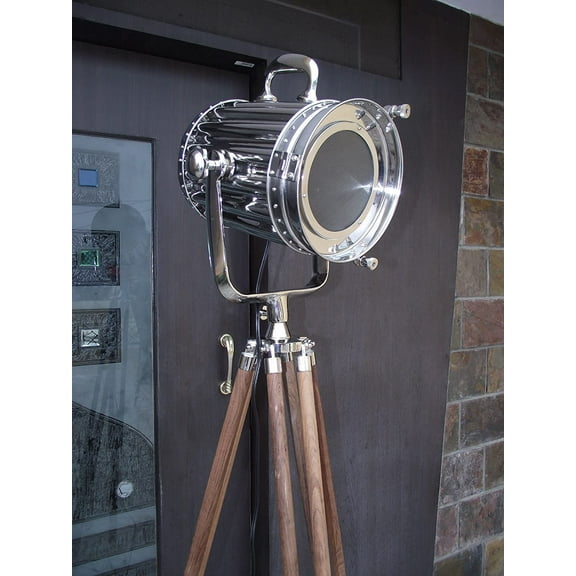 DESIGNER Chrome Nautical SPOT LIGHT Tripod Floor LAMP Huge vintage industrial