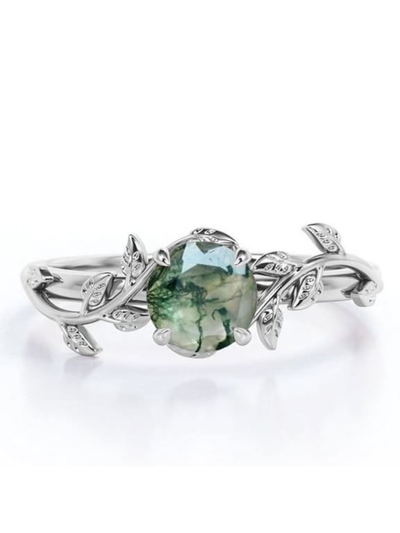 0.50 Carat Natural Green Moss Agate Solitaire Engagement Ring Birthstone Rings for Women - Forest Ring - 18K White Gold Plating