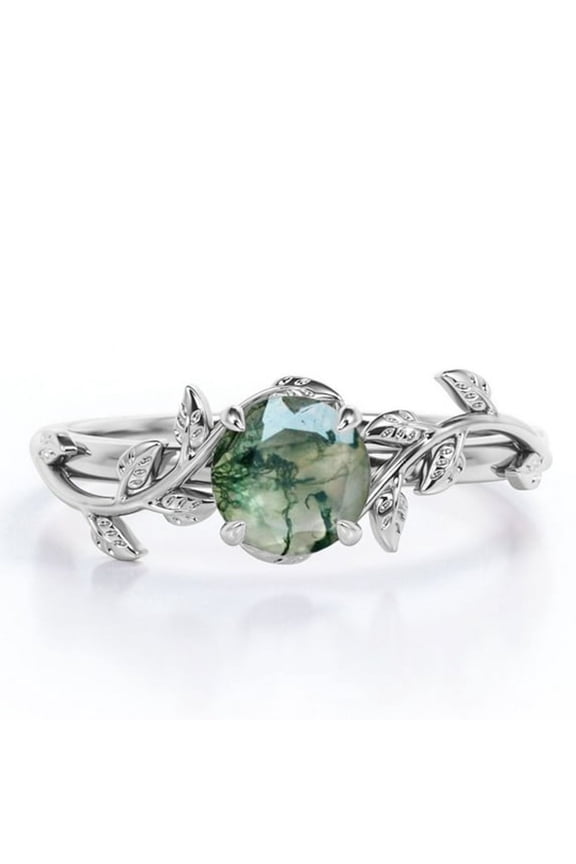 0.50 Carat Natural Green Moss Agate Solitaire Engagement Ring Birthstone Rings for Women - Forest Ring - 18K White Gold Plating