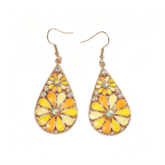 DESIGNICE 1 Pair Boho Flower Teardrop Earrings,Trendy Vintage Colorful Hollow Out Flower Floral Dangle Earrings,Geometry Colorful Earrings for Women,Bohemian Ethnic Statement Jewelry(Yellow)