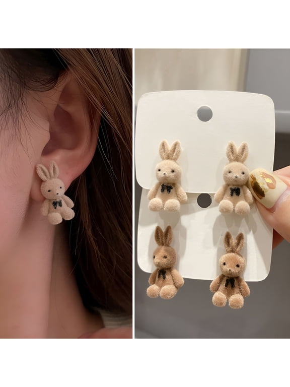 1 Pair Ear Studs Elegant Silver-Plated Winter Warm Flocking Velvet Rabbit Earrings Easter Day Gift Easter Bunny Earrings