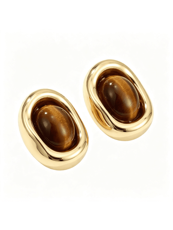1 Pair Single Bagged Brown Earrings, Tiger Eye Stone Small Stud in Natural Gold-Tone Vintage Classic Oval Gemstone Bezel Setting Brown and Gold-Tone Earrings for Women
