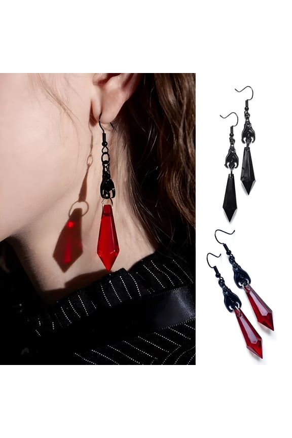 1 Pair Women Earrings Fadeless Sweater-proof Anti-oxidation Drop-resistant Ruby/Black Gem Vintage Ear Hooks Ear Decoration Red