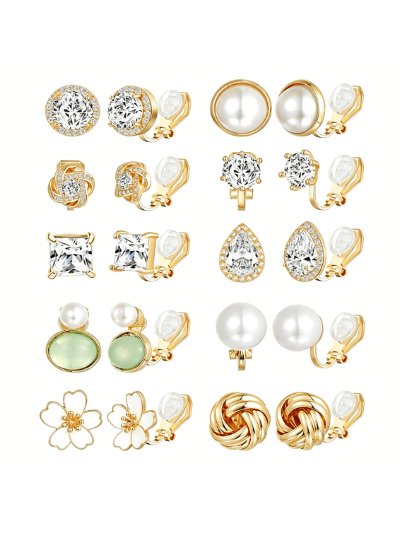 10-15 Pairs Clip on Stud Earrings Non Pierced Teardrop Round Square CZ Pearl Twist Knot Flower Butterfly Heart Star Rainbow Cat Opal Clip on Earrings for Women