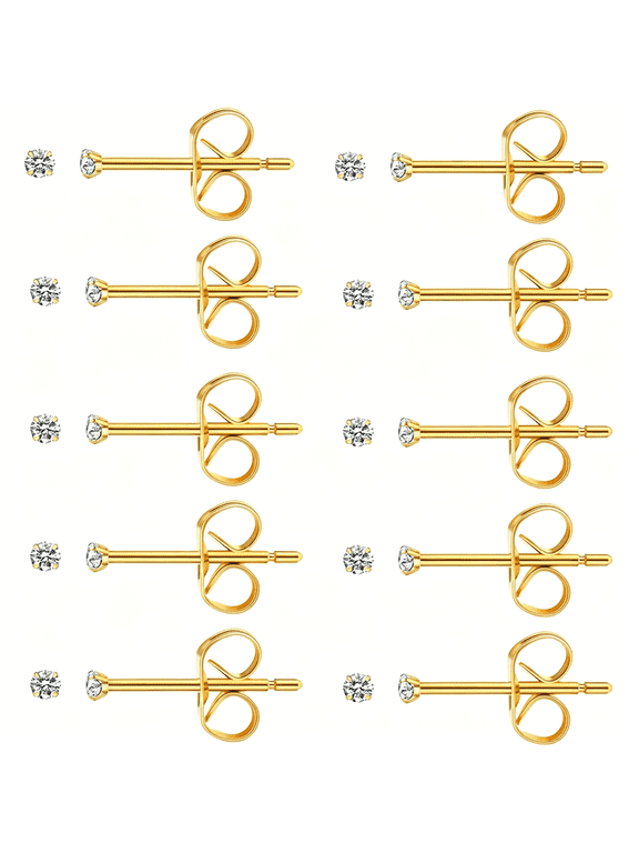 10 Pairs 2Mm Surgical Steel Small Stud Earrings,Hypoallergenic 14K Gold Plated Tiny Cubic Zirconia Stud Earrings Set for Cartilage Multiple Hole Piercing