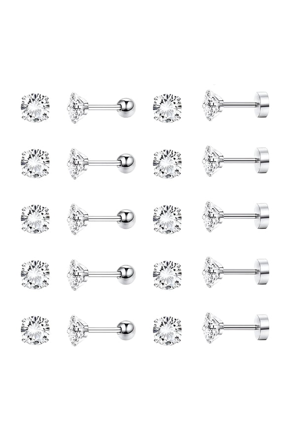 10 Pairs 316L Stainless Steel Earrings Round Cubic Zirconia Stud Earring Screw Flat Back Ear Stud Set for Women Men, Silver, 5Mm