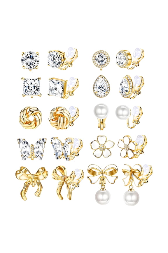 10 Pairs Clip on Earrings Set,Rhinestone Bow Pearl Clip Earrings for Women,Charming Fashion Earring Sets,Non-Pierced Earrings for Sensitive Ears Women