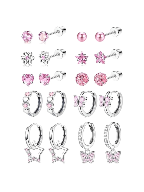 10 Pairs Flatback Stud Earrings, 316L Steel No Tarnish for Sensitive Ears (Pink)