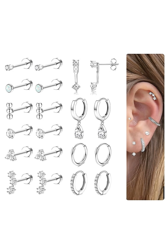 10 Pairs Flatback Stud Earrings for Women,No Fade & Lrritation Cartilage Earrings for Women,316L Surgical Steel Needle Hypoallergenic Earrings for Sensitive Ears Women,Silver