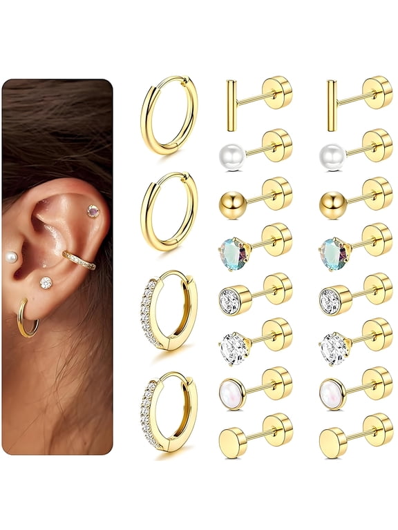 10 Pairs Flatback Stud Earrings for Women,No Fade & Lrritation Cartilage Earrings for Women,316L Surgical Steel Needle Hypoallergenic Earrings for Sensitive Ears Women,Gold
