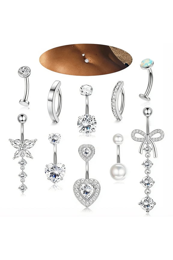 10 Pcs Dangle Belly Button Rings,Electroplating Belly Rings,Stainless Steel with Copper Belly Button Piercing Cute Belly Button Rings,silver