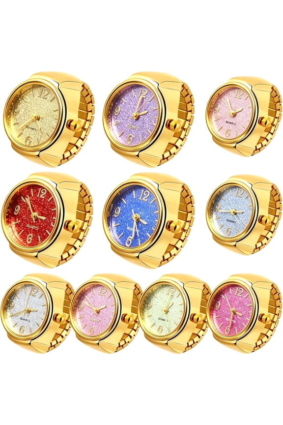 10 Pcs Finger Watches for Women Men Adjustable Clock Rings Bulk Creative Elastic Round Quartz Finger Watches