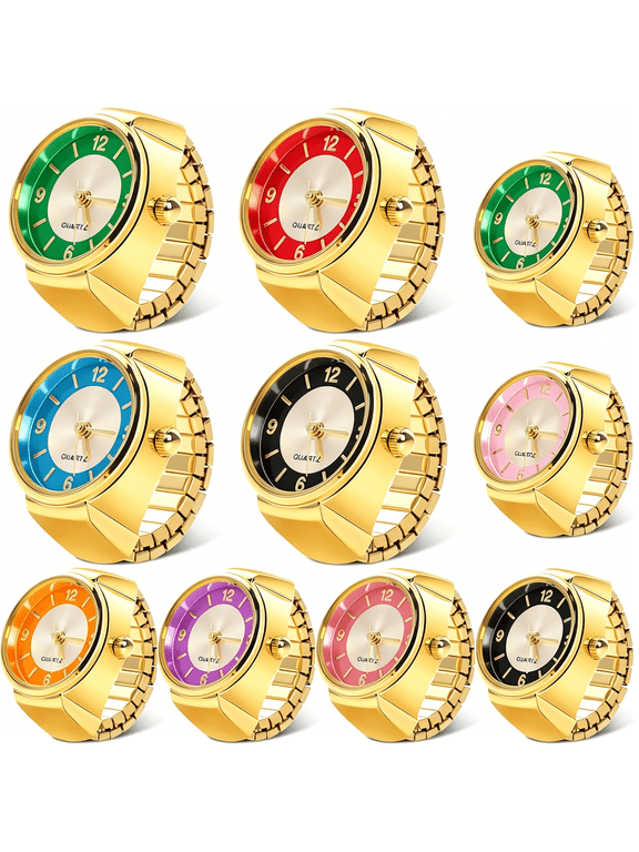 10 Pcs Finger Watches for Women Men Adjustable Clock Rings Creative Elastic Round Quartz Finger Watches
