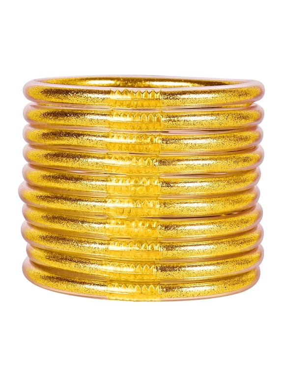 10 Pcs Glitter Jelly Bangle Bracelet Set for Women, Gold Powder Inlay Fashion Bangles with Metal Closure and Bow Tie, Waterproof Lightweight Cute Bracelets for Party, Casual Wear, Gift