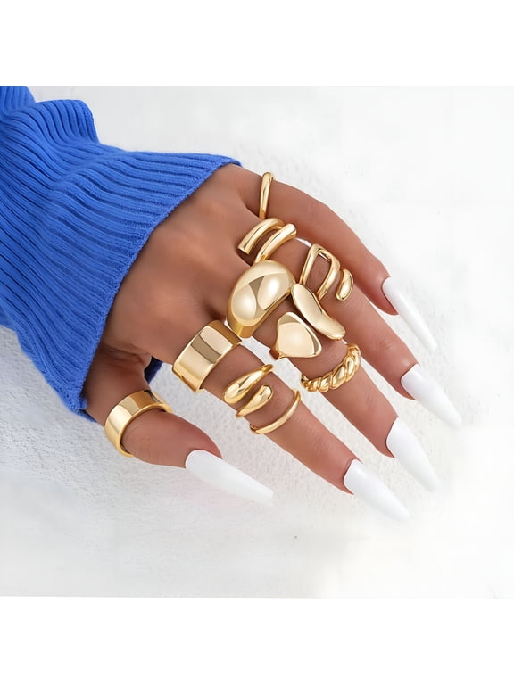 10 Pcs Gold Rings Set for Women, 18K Gold Plated Chunky Stackable Rings, Non Tarnish Everyday Jewelry for Party Wedding Work Gift