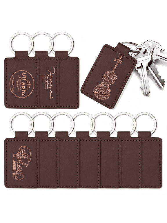 10 Pcs Leather Keychain Blanks, Rectangular Pu Leather Key Fob Kit Laser Engraving Blanks Key Chain with Key Ring, Keychains Bulk Leather Keychain for Men, Chocolate