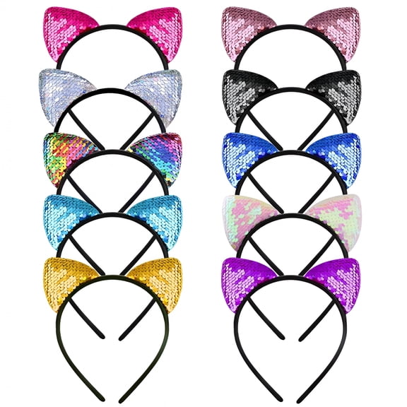 TUWAFE 10 Pieces Cat Ears Headbands Reversible Sequins Headbands Hair Accessories Girls