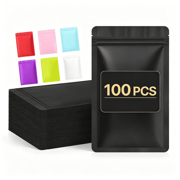 DESIGNICE 100 Pcs Black Mylar Bags 4 X 6", Resealable Smell Proof Pouches | Flat Double-Sided & Sealable Zipper, Packaging for Small Business, Use for Jewelry Candy Snack Food Storage