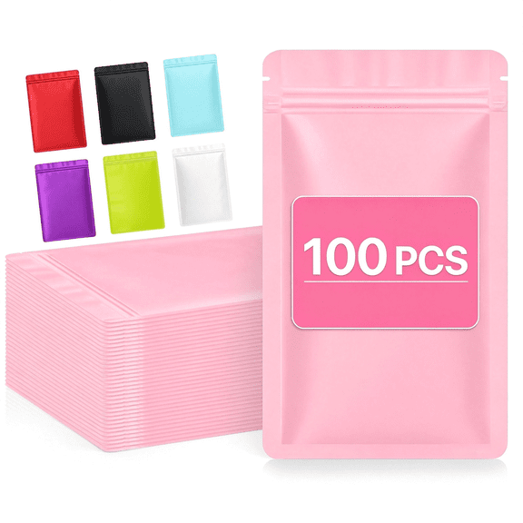 DESIGNICE 100 Pcs Pink Mylar Bags 3.1 X 5.1", Resealable Smell Proof Pouches | Flat Double-Sided & Sealable Zipper, Packaging for Small Business, Use for Jewelry Candy Snack Food Storage