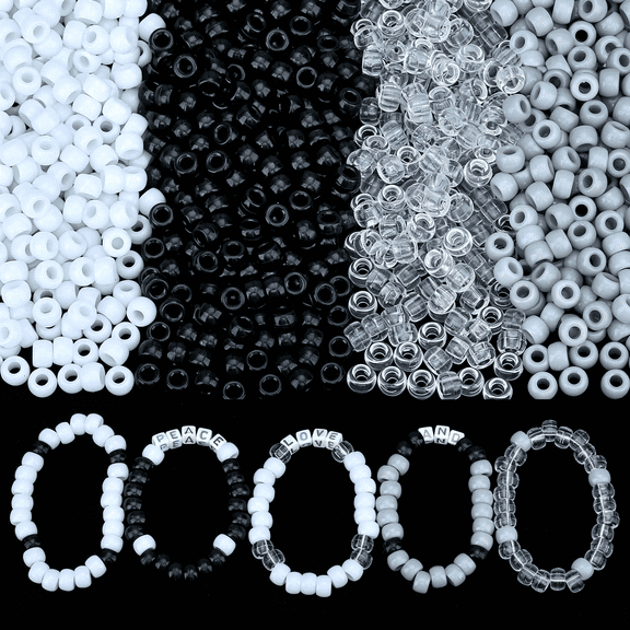 DESIGNICE 1000Pcs Black and White Pony Beads Bulk for Bracelets Making 6X9Mm White and Black Pony Kandi Bead for Crafts Making Hair Beads for Braids Pony Beads