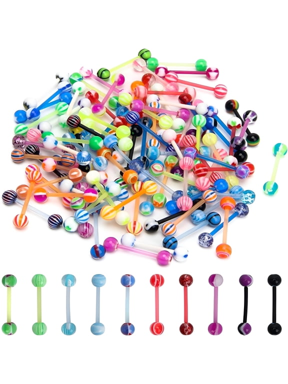 100Pcs 14G Acrylic Tongue Rings, Flexible Multi-Color Barbells, Hypoallergenic Body Jewelry for Women