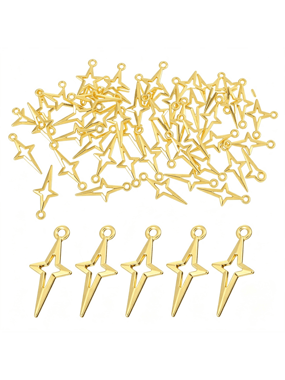 100Pcs Gold Star Charms for Jewelry Making Small Metal Hollow Four-Pointed Star Charms for Diy Craft Bracelet Earrings Necklace Pendant Aesthetic Charm Connectors