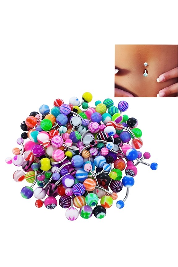 100Pcs Mixed Color Ball Belly Button Navel Barbell Body Piercing Jewelry,Belly Button Rings for Women