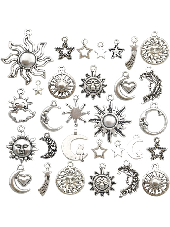 100g (80pcs) Craft Supplies Mixed Antique Silver Sun Moon Stars Charms Pendants for Crafting, Jewelry Findings Making Accessory for DIY Necklace Bracelet