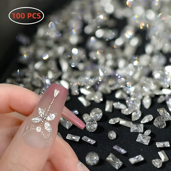 DESIGNICE 100pcs Shiny Zircon Rhinestones, 2-3mm Mini Nail Art Diamonds, 3D Pointed Bottom Rhinestone Multi Shapes Gemstones Crystal Nail Gems