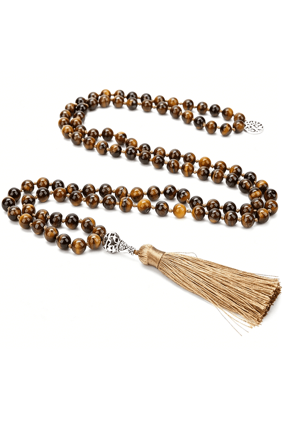 108 Mala Beads Necklace Semi-Precious Gem Stones Meditation Necklace 108 Hand Knotted Japa Mala Beaded Tassel Necklace with Tree of Life Pendant