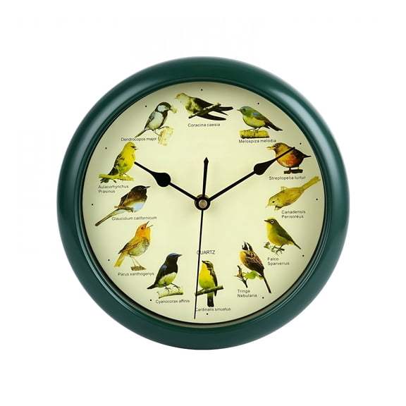 DESIGNICE 10Inch Singing Wild Bird Wall Clock Melody Clock Decorative Green Frame for Home Bird Wall Clock