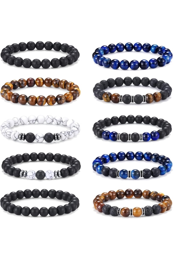 10PCS Tiger Eye Bracelet For Men 8MM Natural Stone Beads Bracelet Set Stretch Lava Rock Bracelets Adjustable Black Crystal Beaded Bracelet for Men Women Gifts