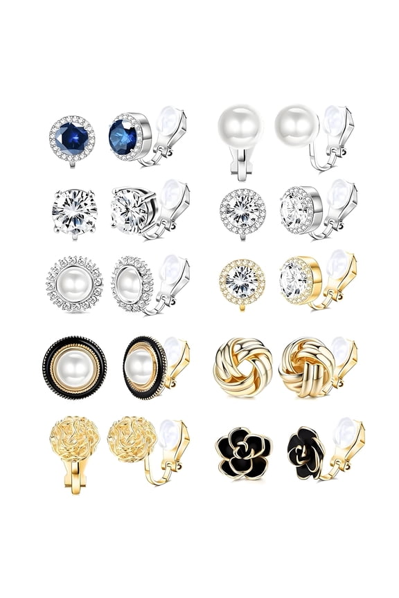 10Pairs Earring Set,Pearl Rhinestones Clip Earrings for Women,Fashionable Versatile Small Earrings for Women Clip on Earrings Women