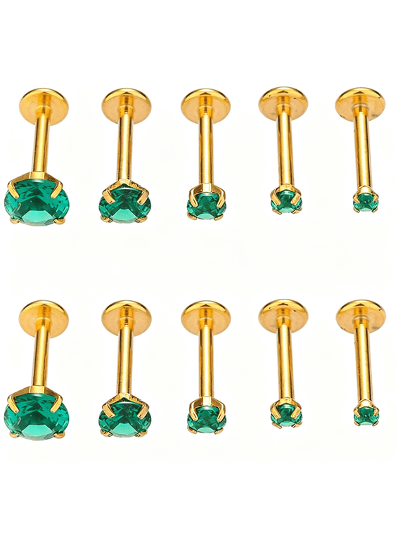 10Pcs 16G Emerald Cz Stainless Steel Lip Rings Internally Threaded Labret Lip Studs Monroe Medusa Piercing Jewelry Conch Helix Cartilage Studs Earrings 6Mm 8Mm 10Mm