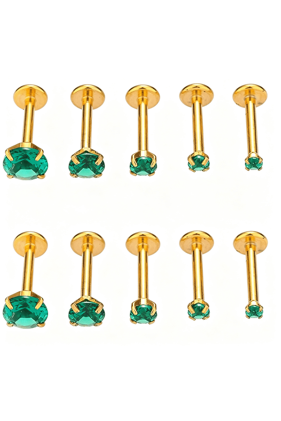 10Pcs 16G Emerald Cz Stainless Steel Lip Rings Internally Threaded Labret Lip Studs Monroe Medusa Piercing Jewelry Conch Helix Cartilage Studs Earrings 6Mm 8Mm 10Mm