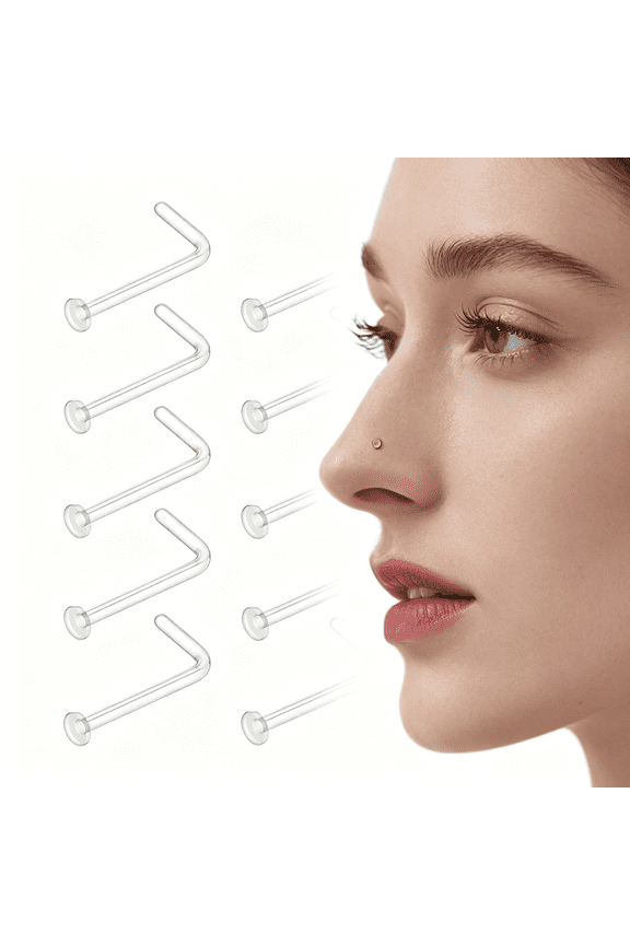 10Pcs 18G Clear Nose Studs Set for Surgery Work Sports-L Shape Bioflex Plastic Nose Earring Lip Retainers for Women&Men-Hypoallergenic Flat Top 2Mm Piercing Jewelry