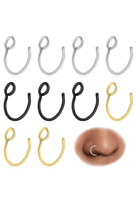 10Pcs Fake Nose Rings, 20G Fake Nose Ring Hoop 8Mm Stainless Steel Nose Ring Nose Hoop, Clip on Nose Ring Jewelry Fake Lip Ring Faux Piercing Jewelry for Women Men(Silvery Golden Black)