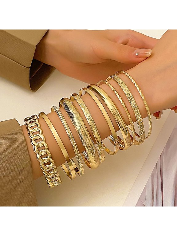 10Pcs Gold Cuff Bangle Bracelets for Women Trendy Hinged Cuff Open Wide Chunky Gold Bracelet Minimalist Bangle Jewelry, Elegant Chunky Gold Bracelet