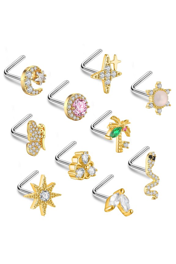 10Pcs Nose Rings 20G Cubic Zirconia Nose Studs, 316L Stainless Steel L-Shaped Nose Piercing Jewelry, Mixed Style Moon and Serpent Designs, Silver for Daily Wear, Party, and Festival