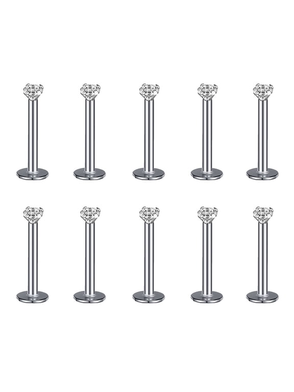 10 Pcs 16G Stainless Steel Labret Lip Rings with Cubic Zirconia, Flat Back Helix Tragus Cartilage Earrings, Hypoallergenic Monroe Medusa Piercing Jewelry (Silver Black Gold Rose Gold)