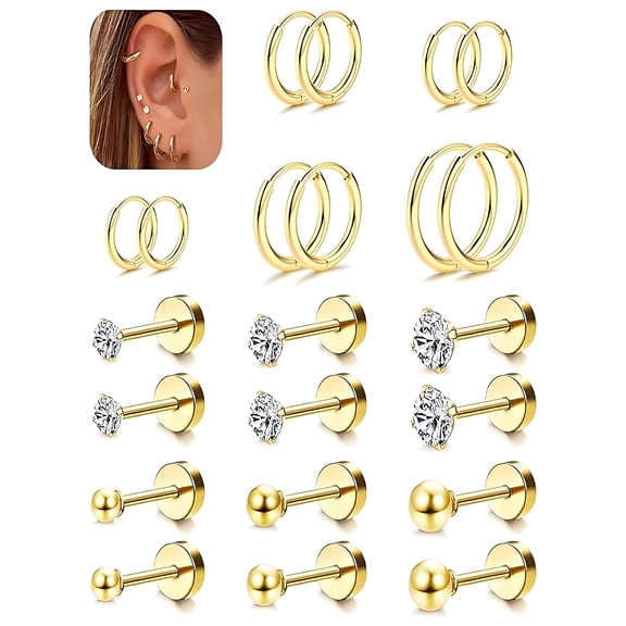 DESIGNICE 11 Pairs Flatback Stud Earrings for Women,Surgical Steel Material Cartilage Earrings for Women,Nickel Lead Free Hypoallergenic Earrings for Sensitive Ears Women,Gold