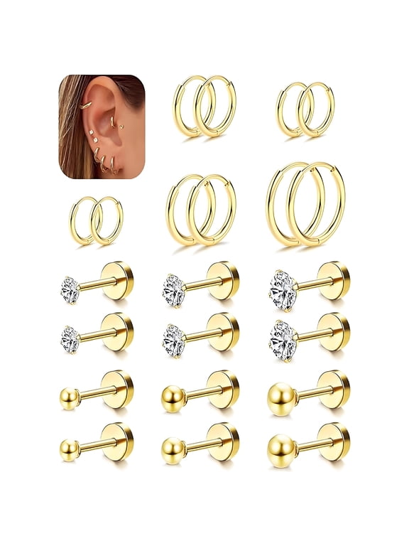 11 Pairs Flatback Stud Earrings for Women,Surgical Steel Material Cartilage Earrings for Women,Nickel Lead Free Hypoallergenic Earrings for Sensitive Ears Women,Gold