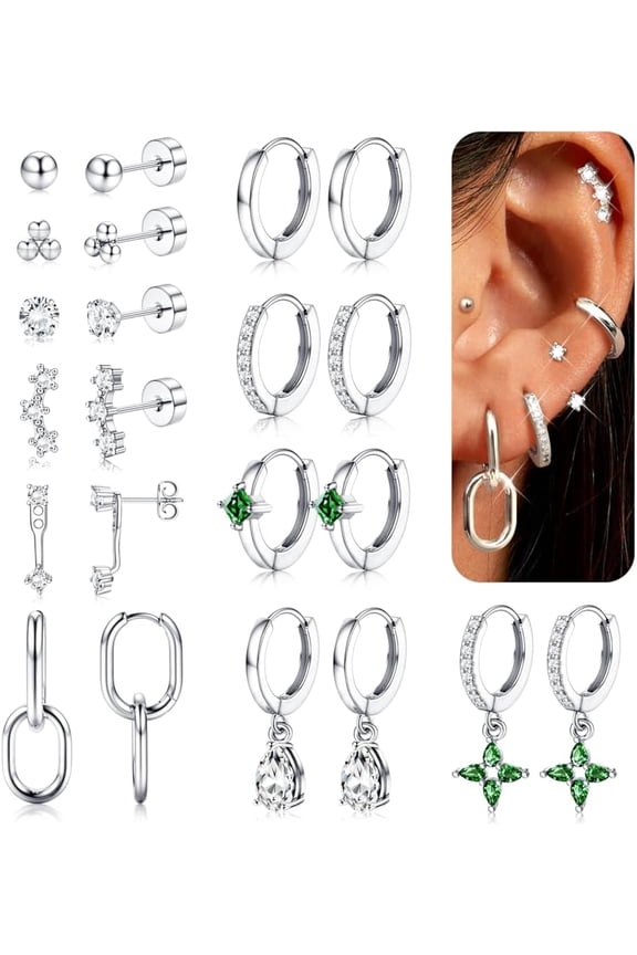 11Pairs Gold Hoop Earrings for Women-Hypoallergenic Surgical Steel Earrings 14K Gold Plated Cartilage Earring Sets for Multiple Piercing Trendy Earring Stacks Flat Back Stud Hoops