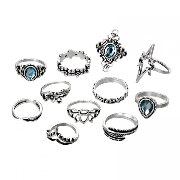 DESIGNICE 11Pcs/Set Women Bohemian Vintage Silver Stack Rings Above Knuckle Blue Rings Set