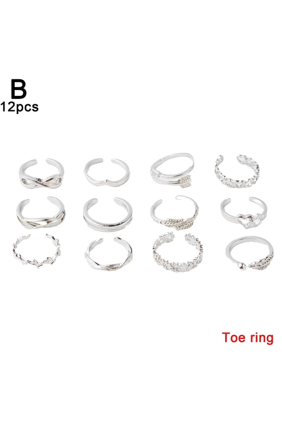 12/24PCs Adjustable Jewelry Silver Open Toe Ring Finger Foot Rings Set
