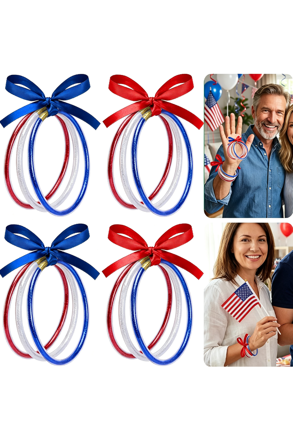 12/60 Pcs Independence Day Jelly Bangles, 4Th of July Glitter Bracelets with Bowknot, Red White Blue Jelly Bangles for Patriotic Themed Party Favors Costume Memorial Day Accessories