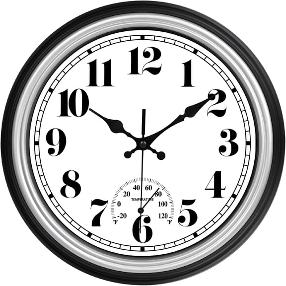 DESIGNICE 12 Inch Indoor/Outdoor Retro Waterproof Wall Clock with Thermometer Silent Round Quartz Battery Operated Easy to Read Decorative for Kitchen Patio,Bathroom,Deck,Porch,Pool(Silver)
