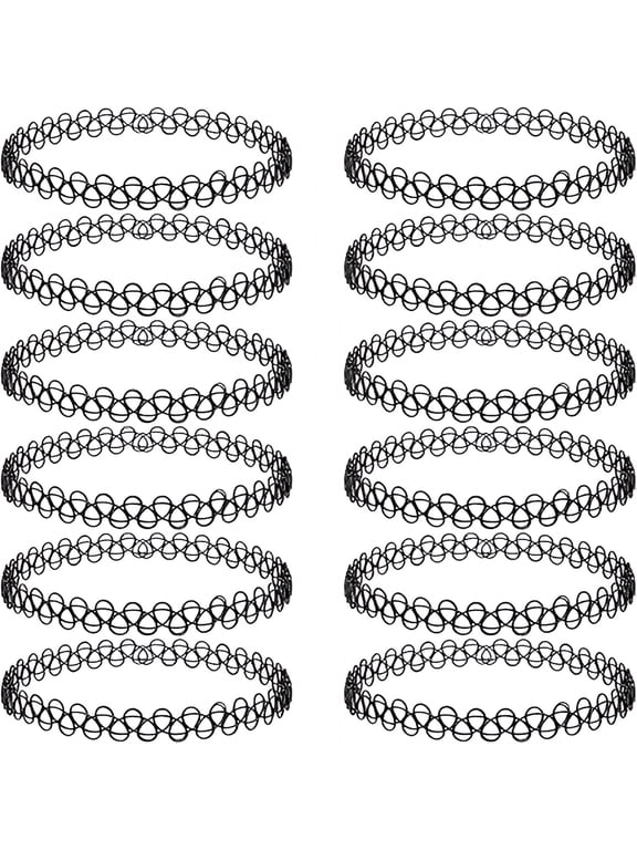 12 Pack 90s Tattoo Choker Necklace Set, Stretchy Elastic Vintage Grunge Collar, Retro Gothic Aesthetic Jewelry Accessories for Women Layering