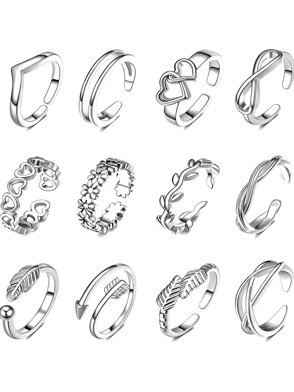 12 Pack Adjustable Toe Rings for Women, Plated Toe Ring Set, Summer Beach Open Toe Rings with Flower Arrow Tail Designs, Barefoot Foot Jewelry and Pinky Rings